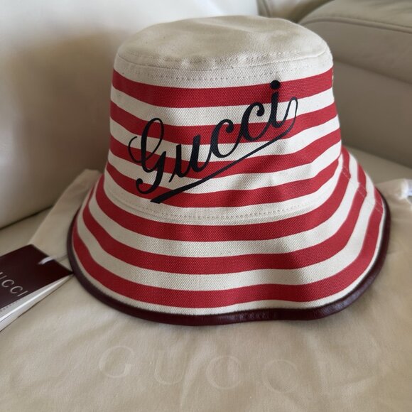 NWT Gucci Striped Canvas Bucket Hat Red White Sz S 100% Authentic - Picture 2 of 9
